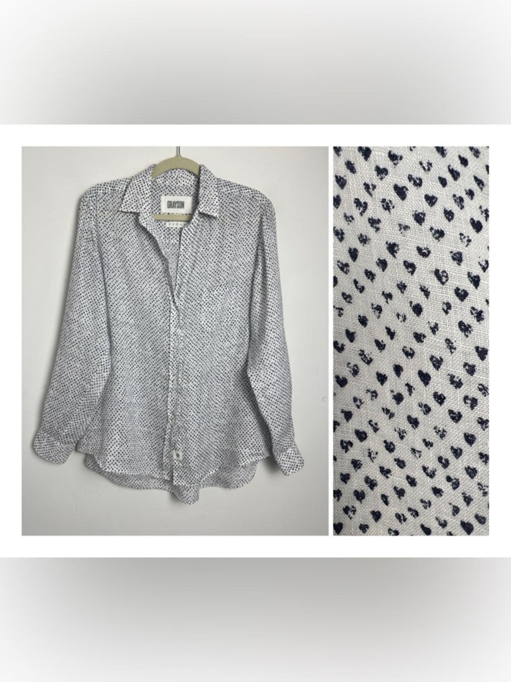 Grayson Frank & Eileen The Hero Medium 100% Linen‎ Black Mini Hearts Blouse Top